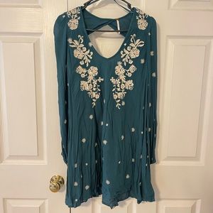 Free People Teal Embroidered dress with pockets